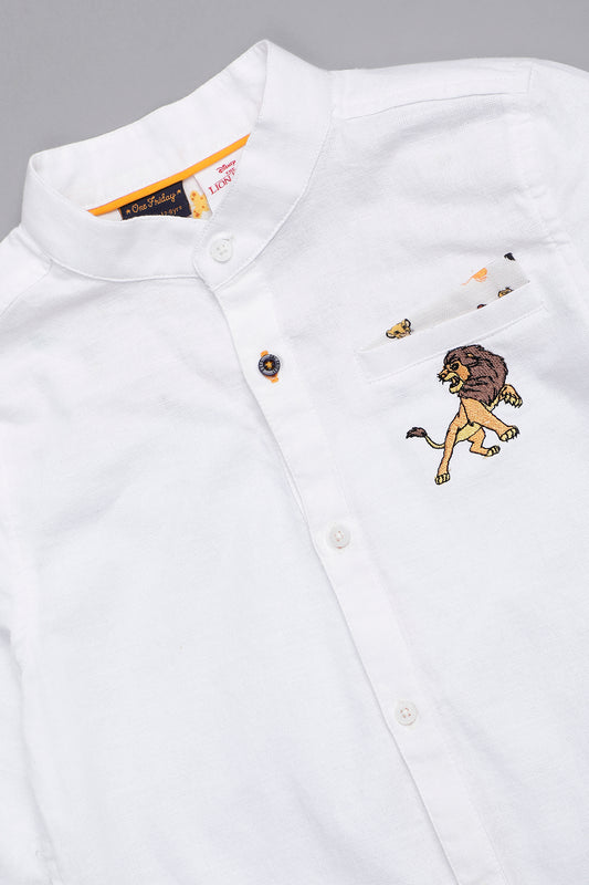 Kids Boys White Cotton Chinese Collared Shirt Disney's Lion King Embroidered