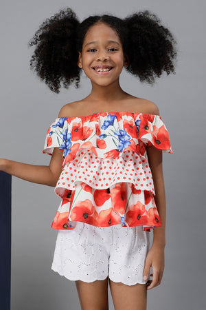One Friday Kids Girls Floral Printed Off Shoulder Top With Frills