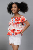 One Friday Kids Girls Floral Printed Off Shoulder Top With Frills