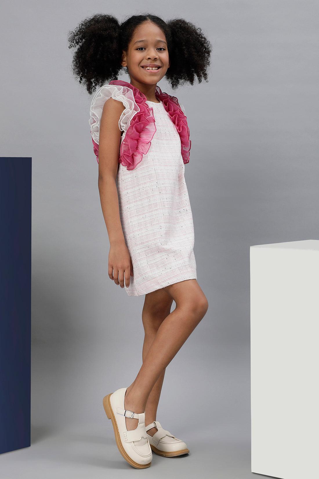 One Friday Kids Girls Pink Frilled Lurex Tweed Dress - One Friday World