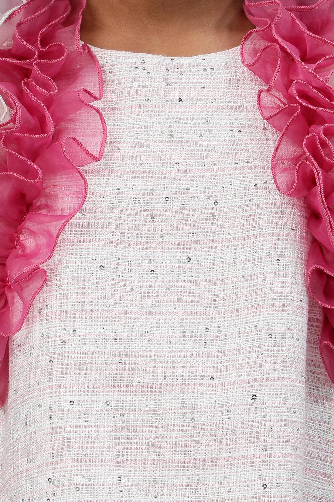 One Friday Kids Girls Pink Frilled Lurex Tweed Dress - One Friday World