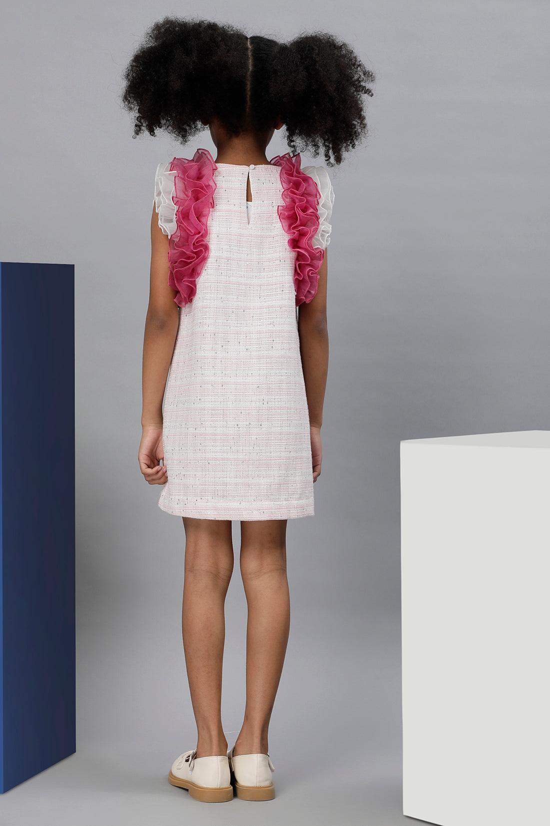 One Friday Kids Girls Pink Frilled Lurex Tweed Dress - One Friday World