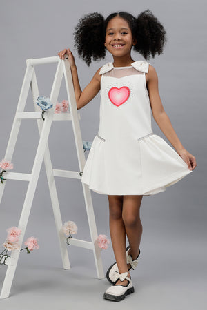 One Friday Girls Bow & Heart White Dress with Embellishment