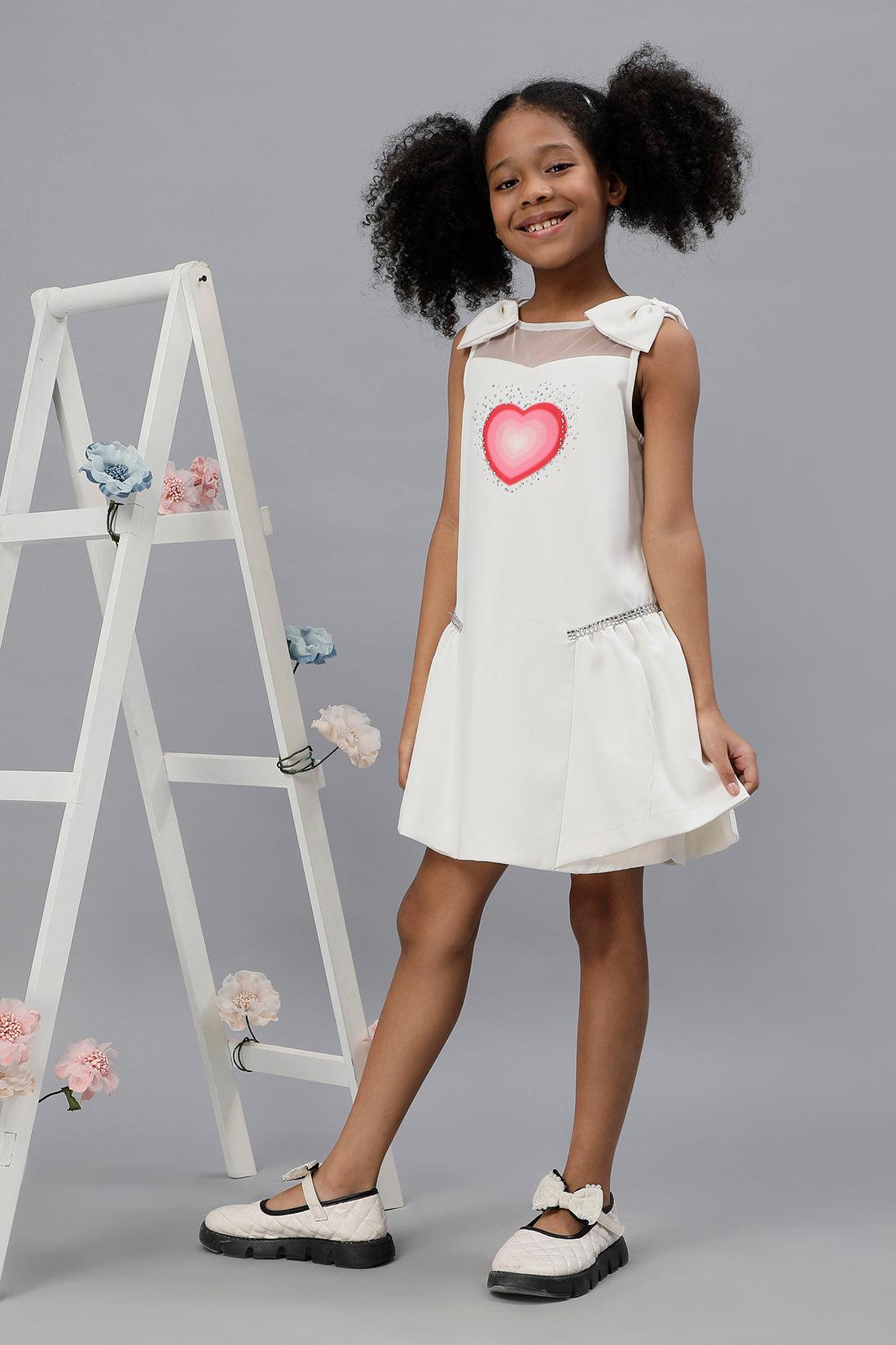 One Friday Girls Bow & Heart White Dress with Embellishment