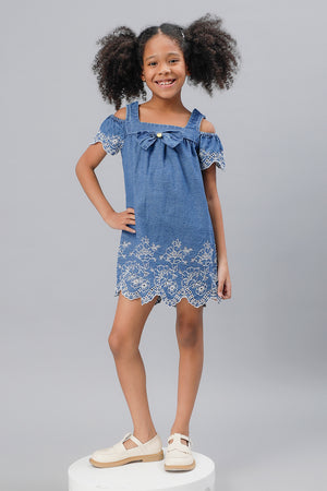 One Friday Girls Blue Cold-Shoulder Embroidered Dress