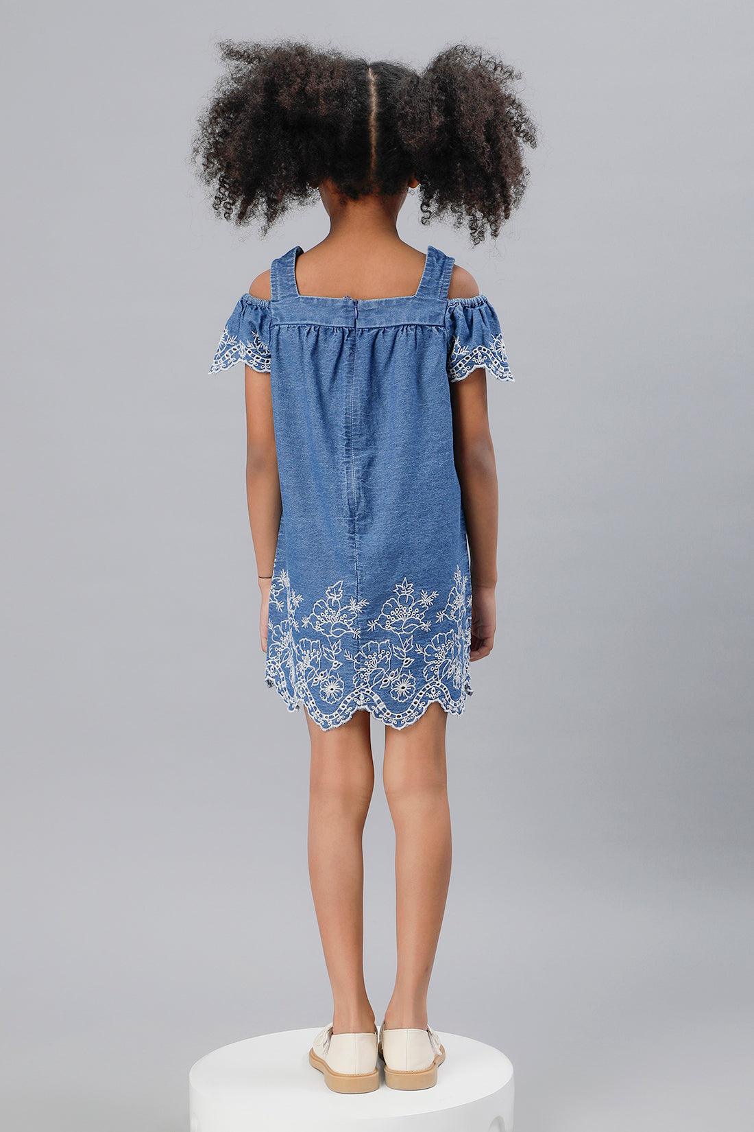 One Friday Girls Blue Cold-Shoulder Embroidered Dress