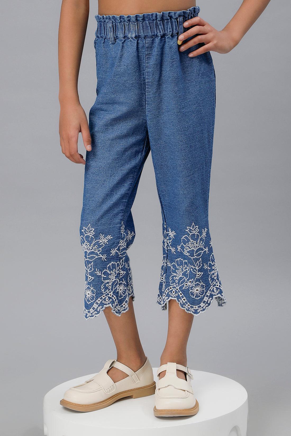 One Friday Girls Cotton Embroidered Capri Pant