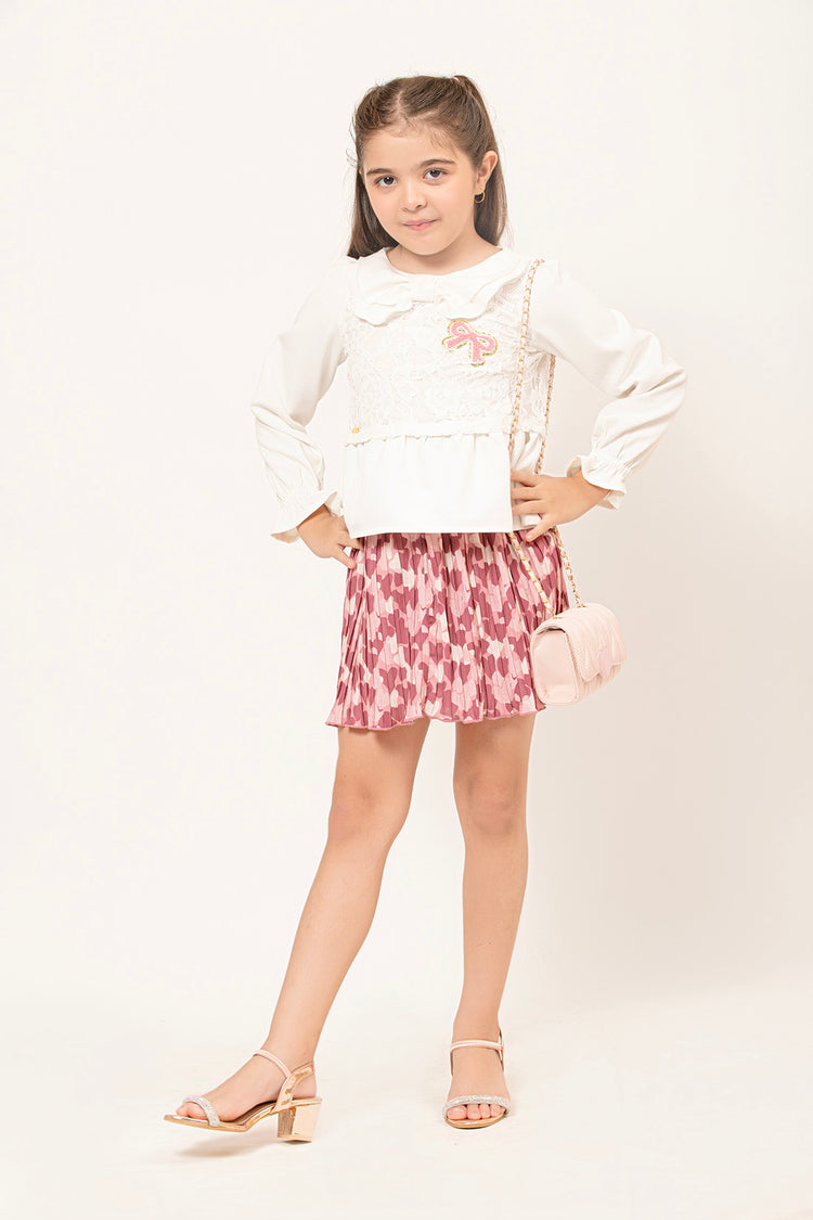 OneFriday Varsity Chic Off-White Top with Playful Pink Bow Detail for Girls