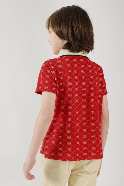 Boys Red Regular Fit Half Sleeve Printed Polo T-Shirt by One Friday