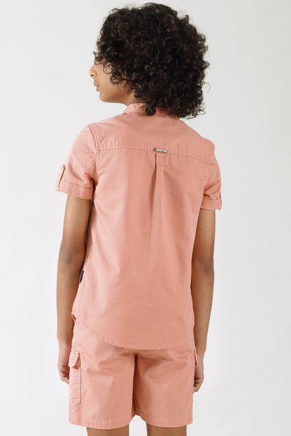 Boys Pink Regular Fit Half Sleeve Solid Shirt by One Friday
