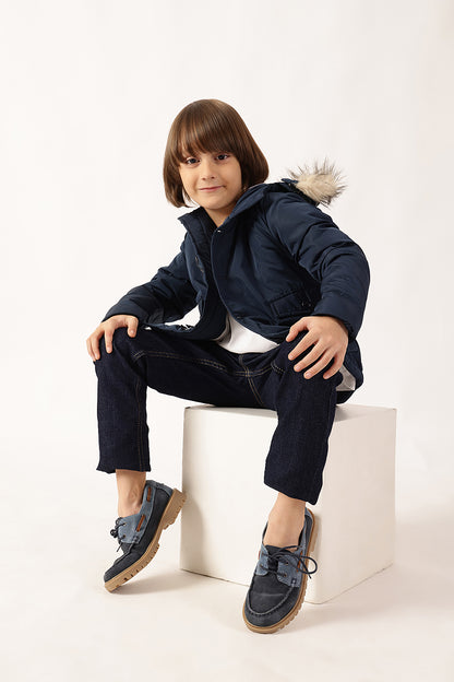 Unisex Navy Blue Solid Hooded Polyester Woven Jacket with Buttons | One Friday