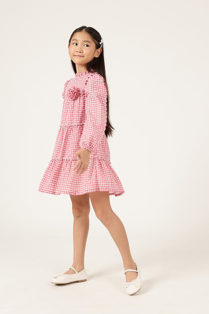 Girls Pink Printed Woven Dress Full Sleeves | One Friday