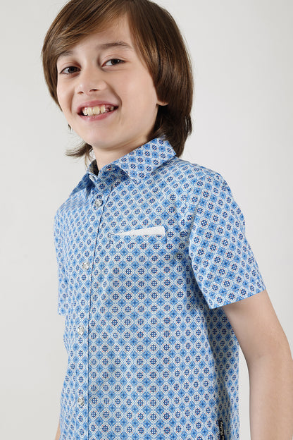 Boys Blue Regular Fit Short Sleeve Printed Shirt by One Friday