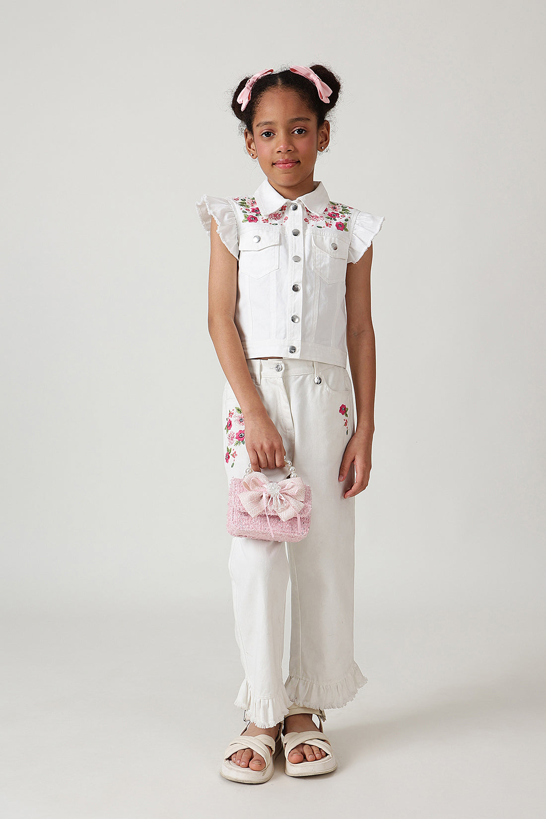 Girls White Regular Frill Sleeve Denim Jackets