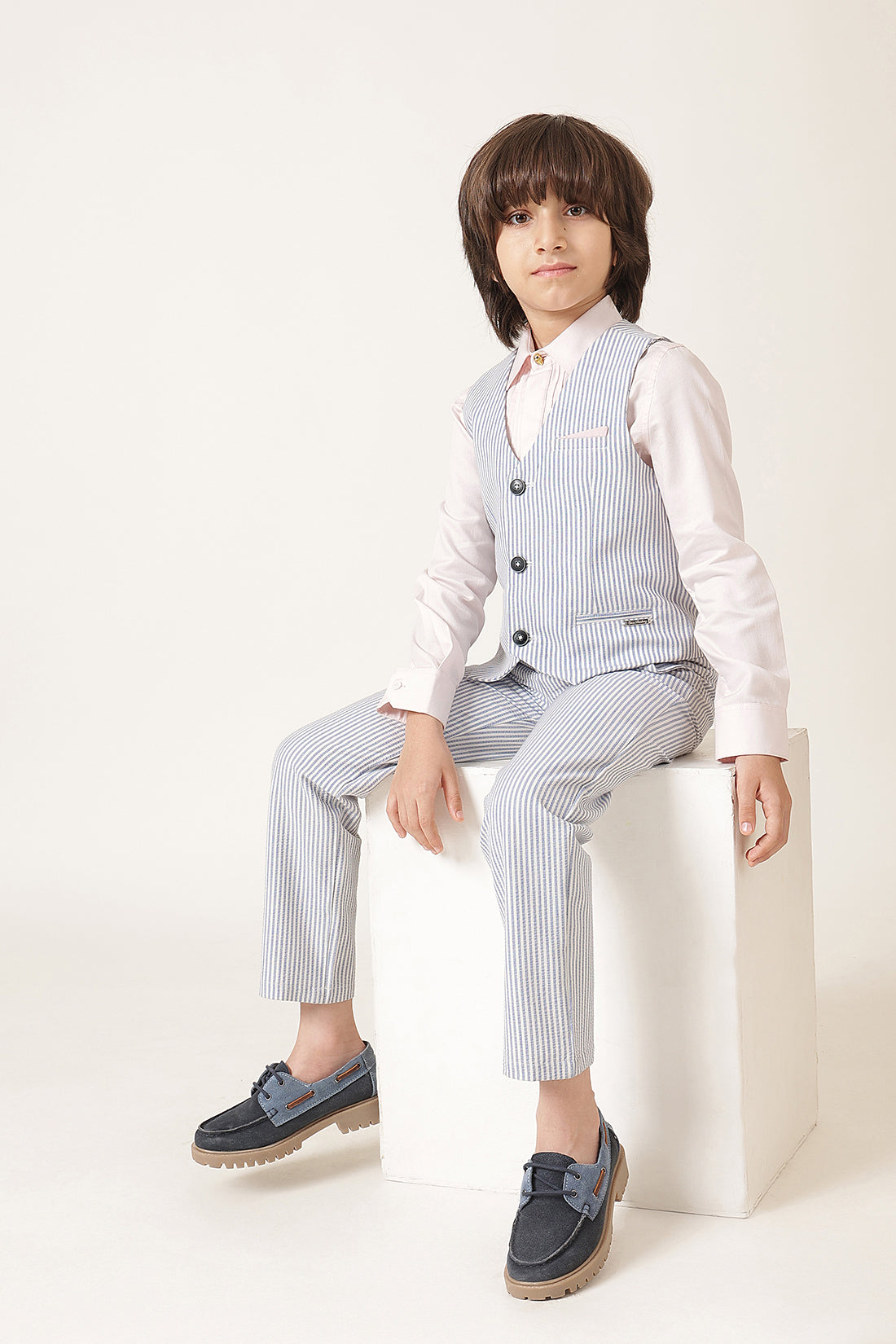 Boys Blue Striped Seersucker Waistcoat