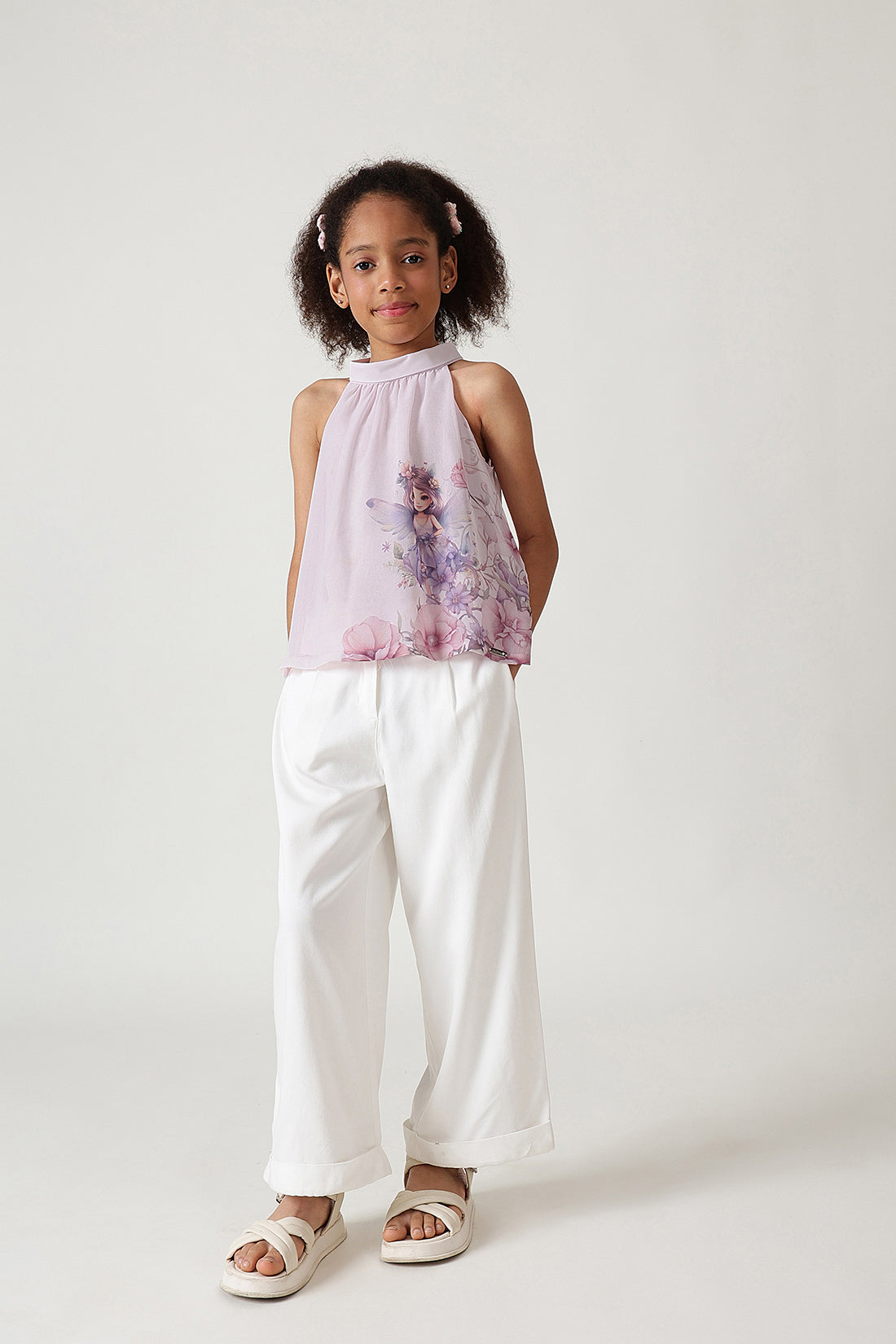 Girls Lavender Flared Sleeveless Fairy Print Top by One Friday
