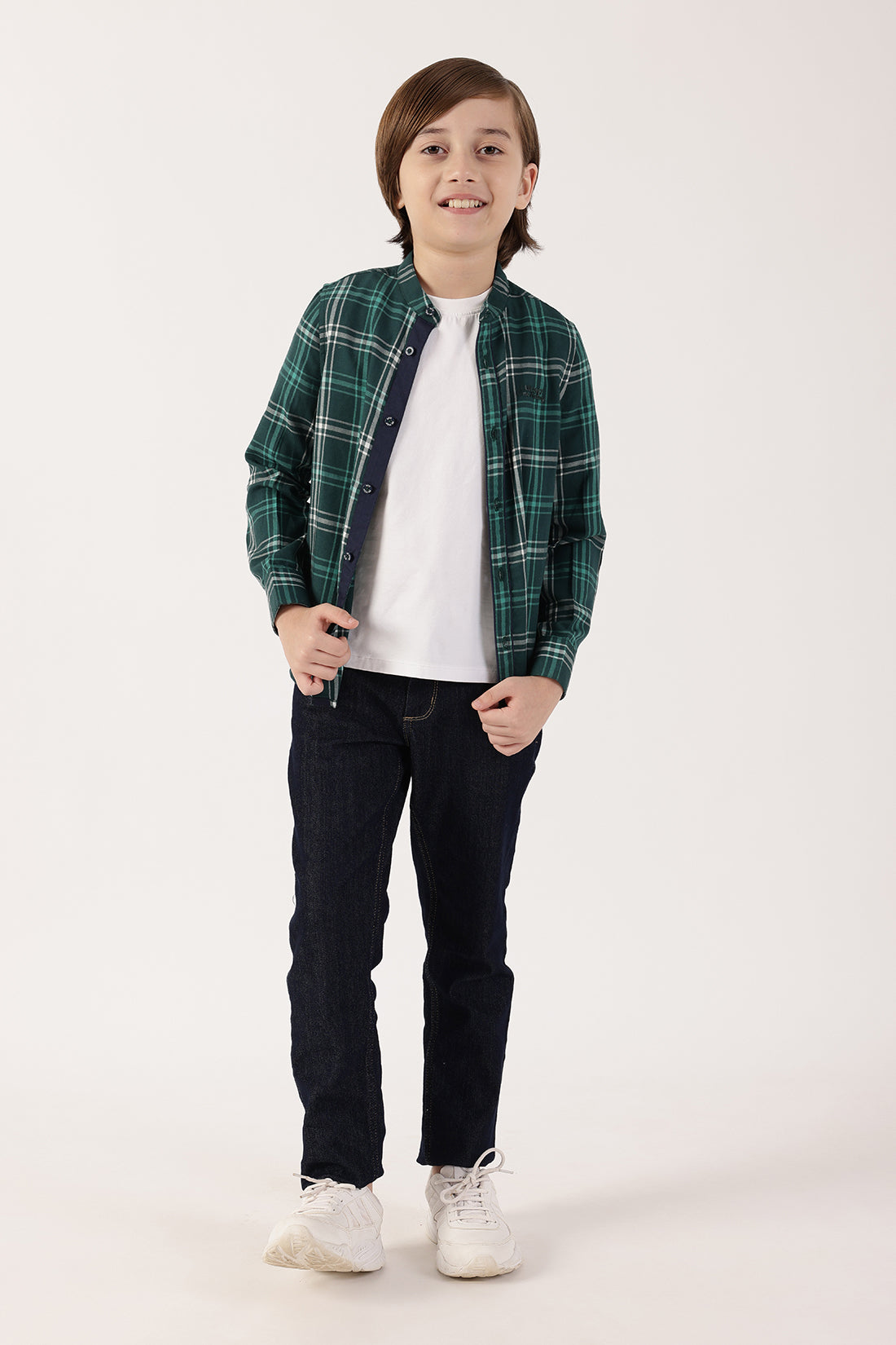 Boys Green Checked Woven Shirt Premium Polyester