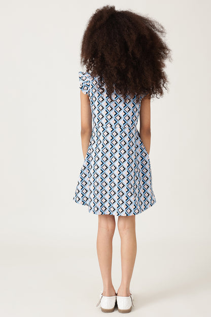 Girls Blue Frill Sleeve Geometrical Print Dress Online | One Friday