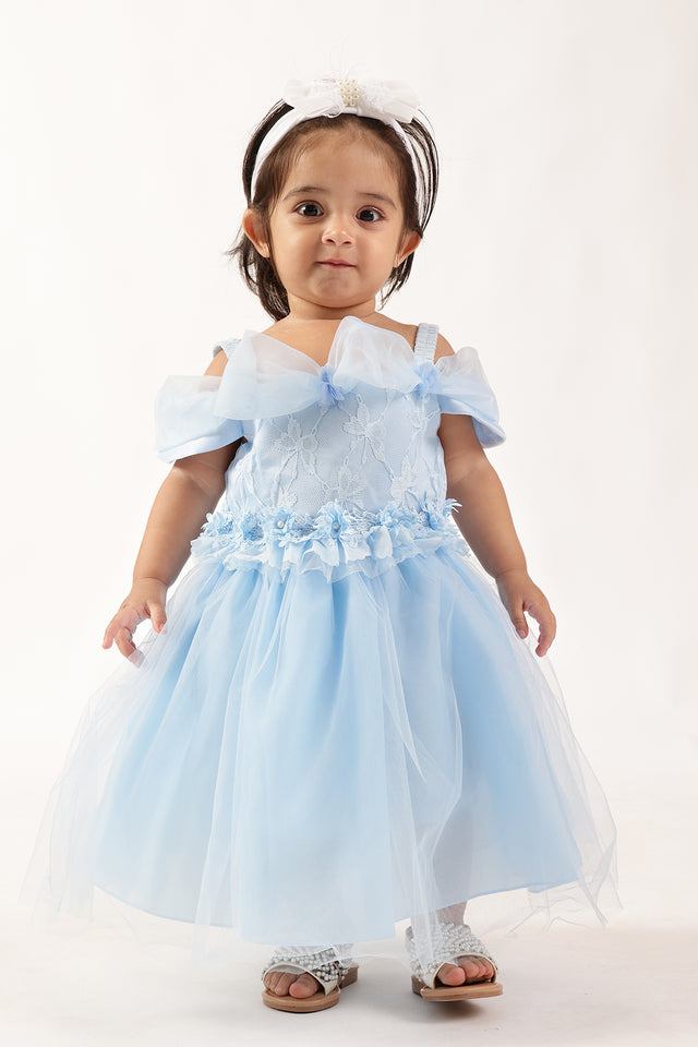 One Friday Baby Girls Blue Off-Shoulder Party Dress – Sleeveless Woven Top Wear