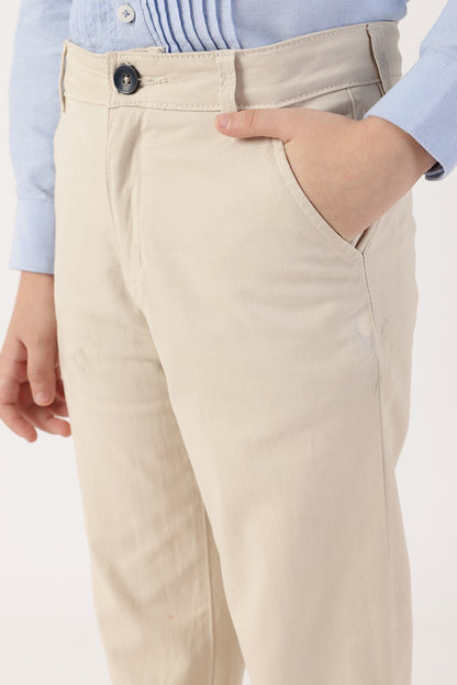 Boys Beige Solid Stretch Woven Trousers