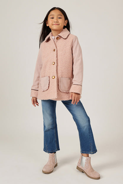 Girls Peach Solid Shirt Collar Overcoat | One Friday