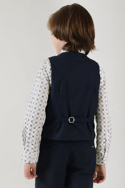 Boys Navy Blue Slim Fit Sleeveless Solid Waistcoat by One Friday