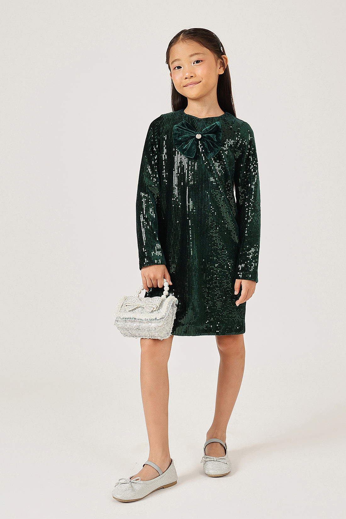 Girls Green Solid Full Sleeve Polyester Dress | One Friday