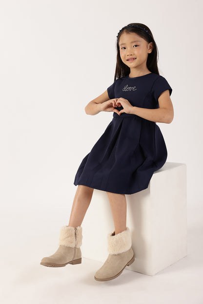 Girls Navy Blue Polyester Full Sleeve Woven Dress | One Friday