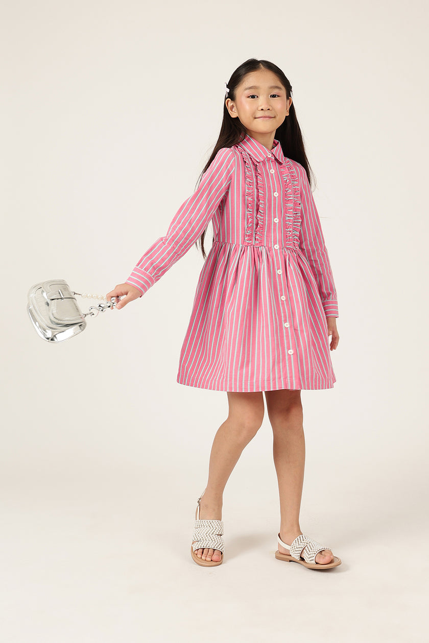 Girls Pink Striped Cotton Shirt Collar Full Sleeve Dress | One Friday