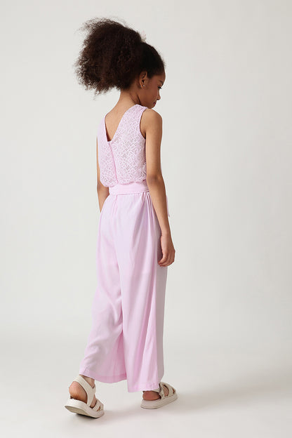 Girls Lavender Regular Sleeveless Laced Jumpsuit by One Friday