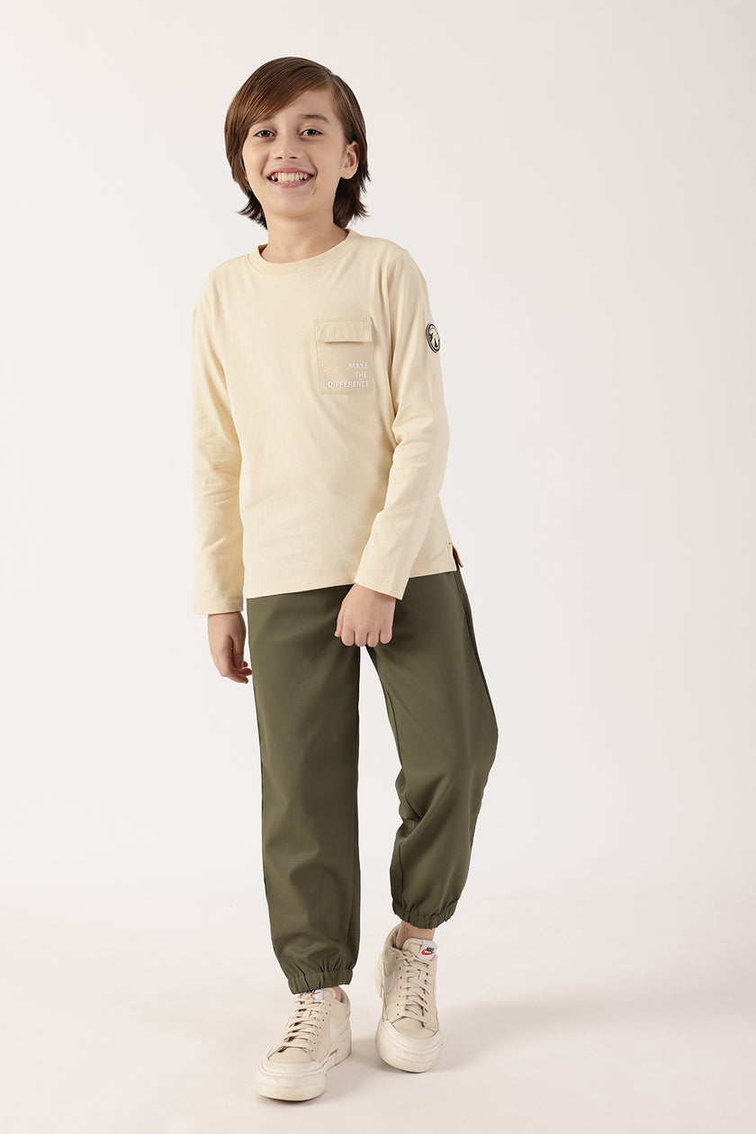 Boys Beige Solid Round Neck Cotton T-Shirt