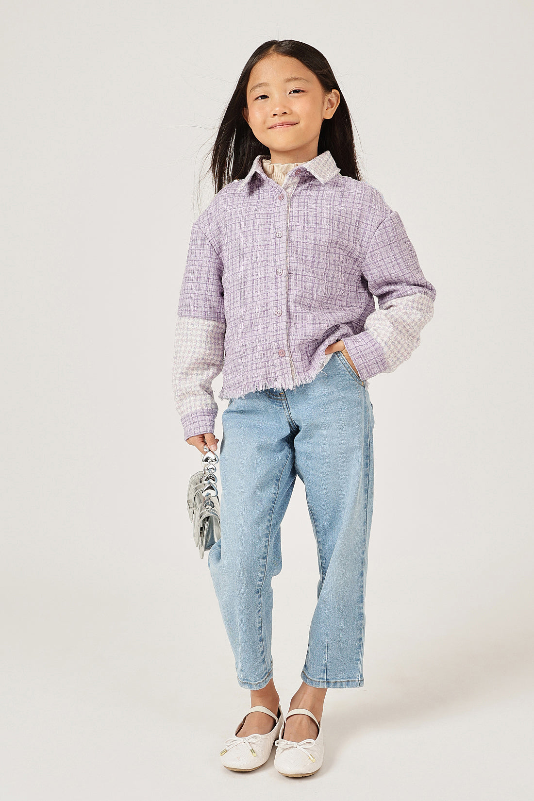 Girls Lilac Boucle Buttoned Shirt Collar Overshirt