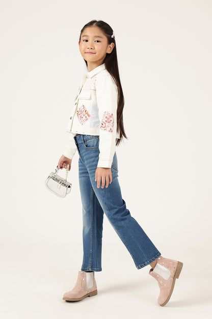 लड़कियों के लिए ऑफ-व्हाइट एब्सट्रैक्ट ड्रिल जैकेट