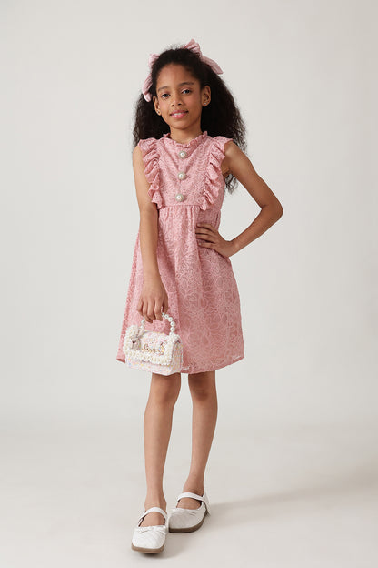 Girls Pink Fitted & Flared Sleeveless Laced Dress