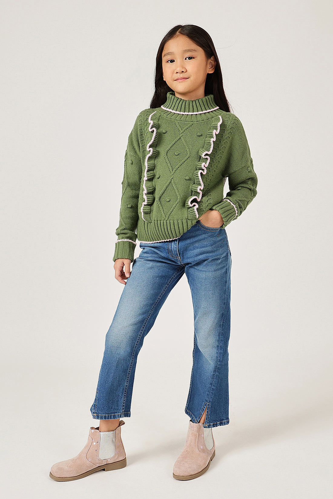 Girls Olive High Neck Knit Sweater