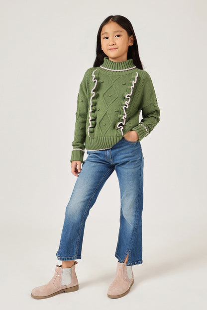 Girls Olive High Neck Knit Sweater