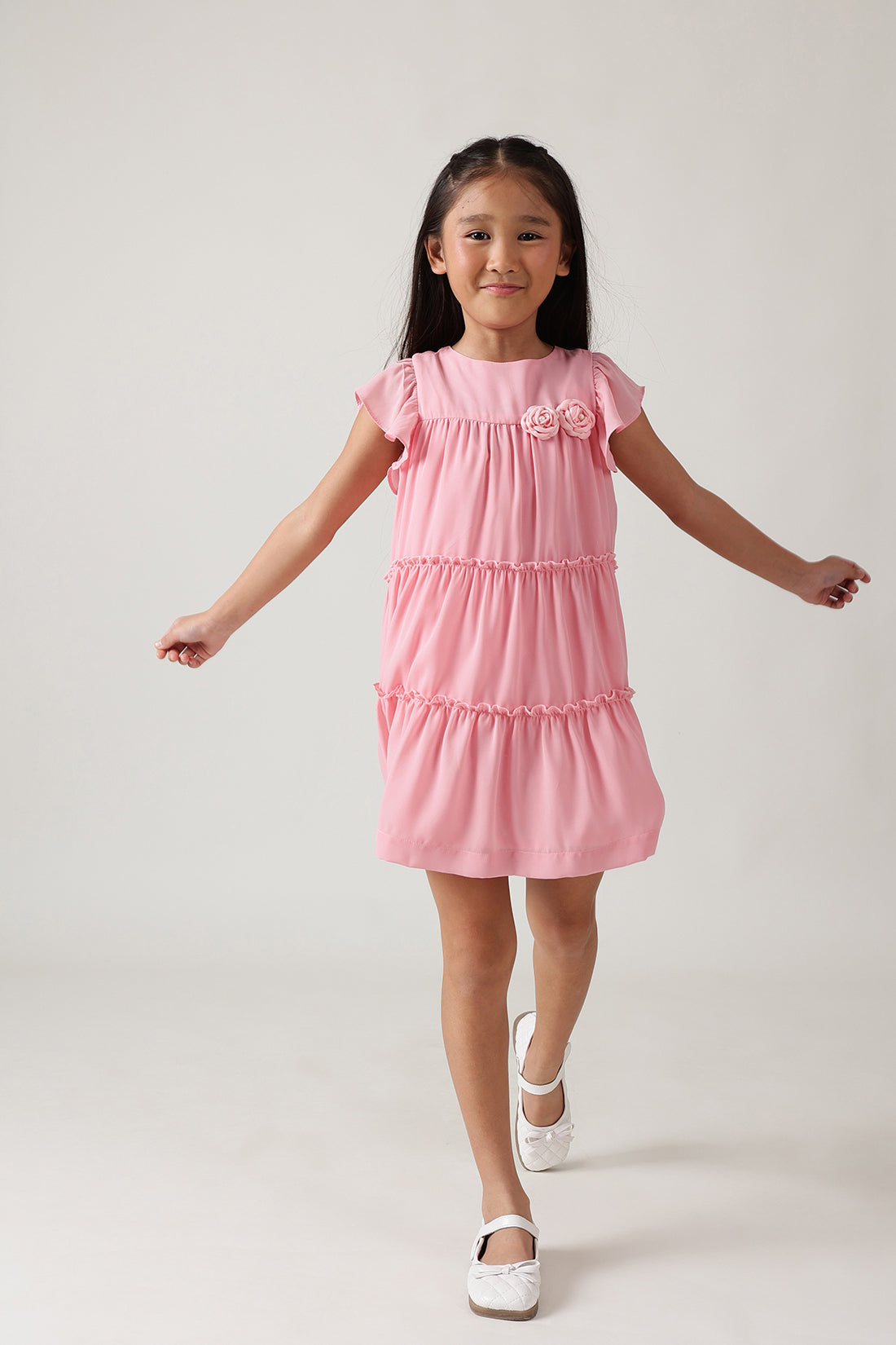 Girls Pink Fitted & Flared Frill Sleeve Solid Dress by One Friday