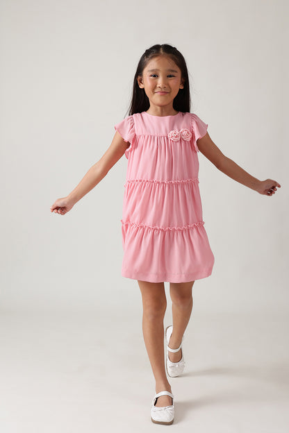 Girls Pink Fitted & Flared Frill Sleeve Solid Dress by One Friday