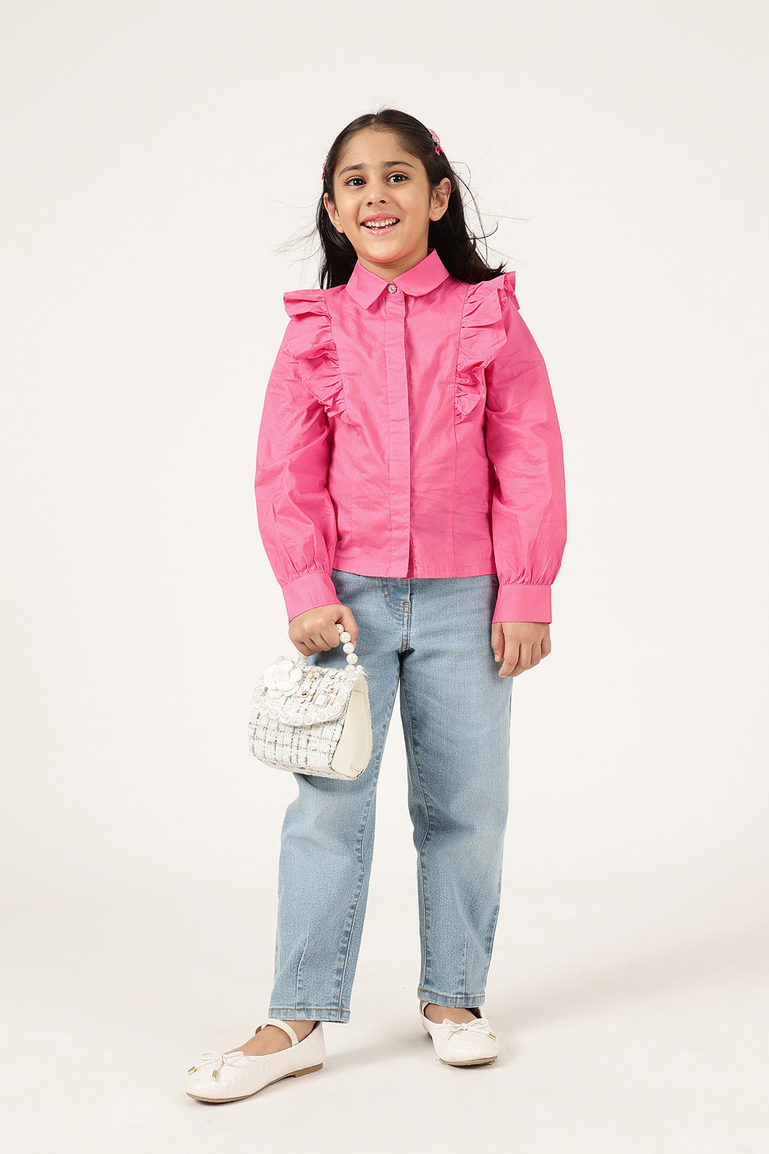 Girls Pink Cotton Shirt Collar Cap Sleeve Top