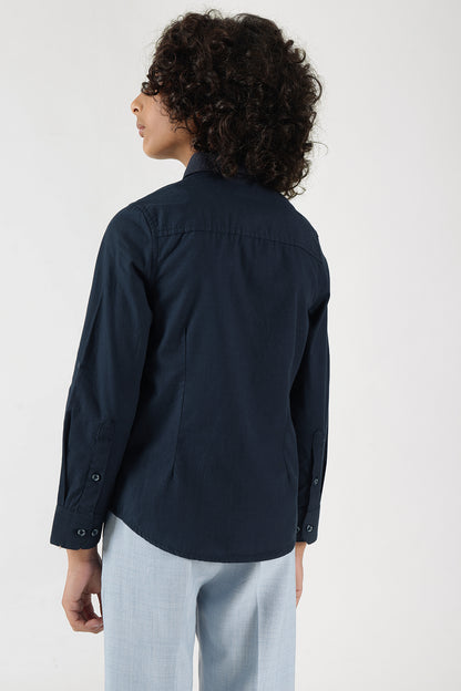 Boys Navy Blue Regular Fit Full Sleeve Solid Shirt by One Friday
