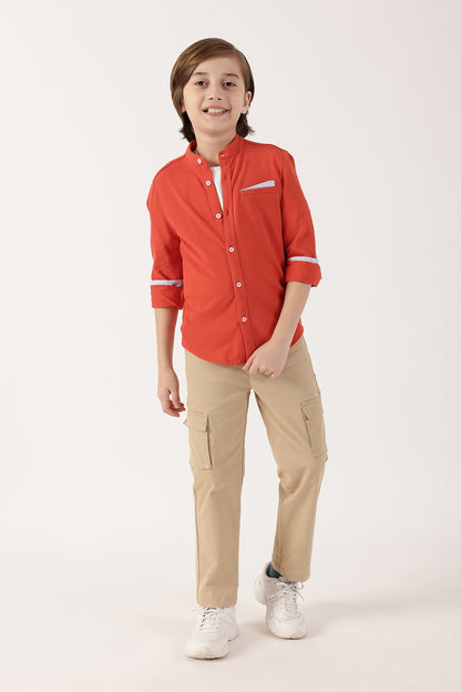 Boys’ Orange Full Sleeve Mandarin Collar Shirt