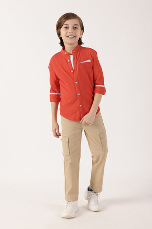 Boys’ Orange Full Sleeve Mandarin Collar Shirt