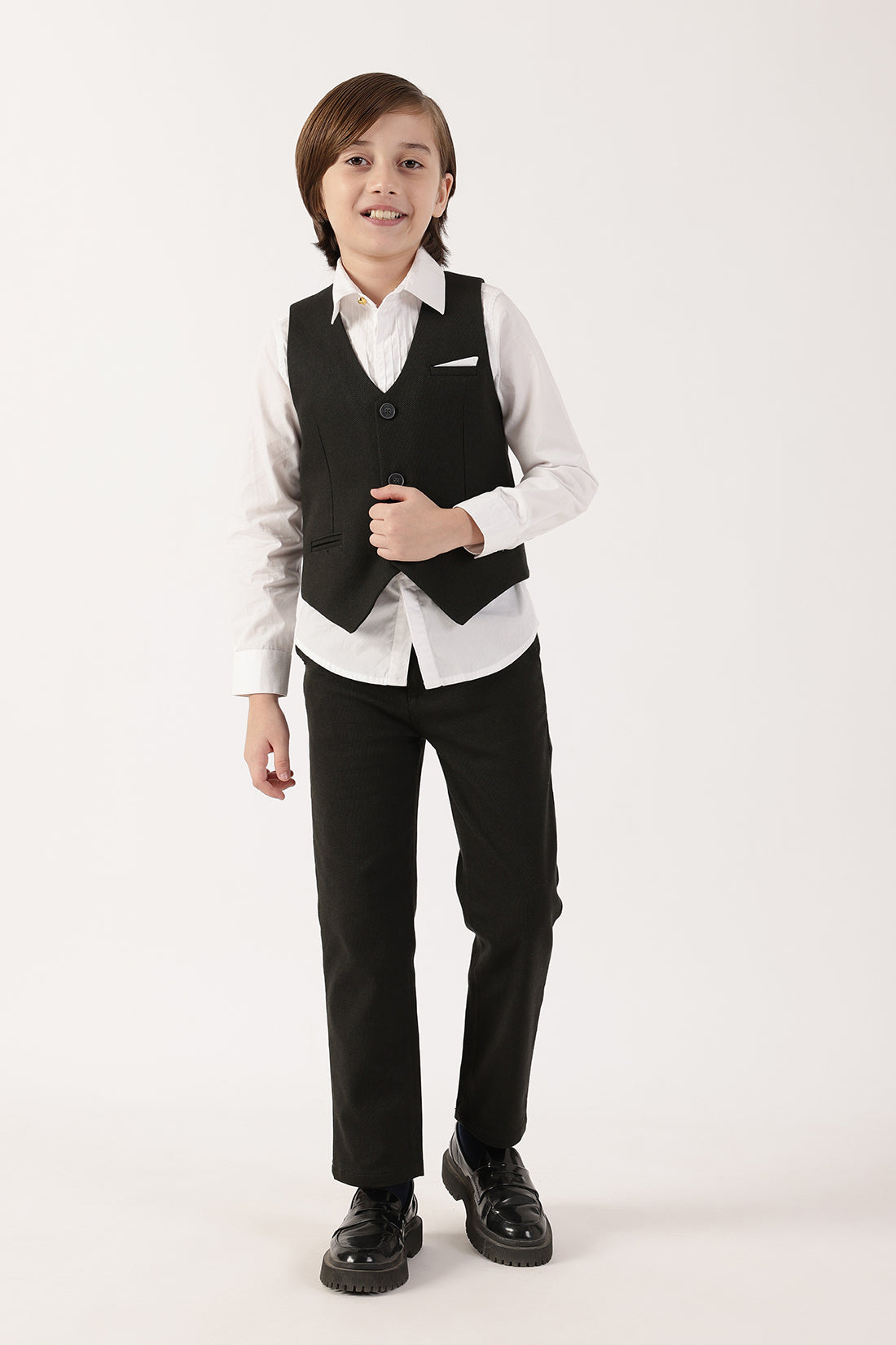 Boys Olive Solid Sleeveless V-Neck Waistcoat