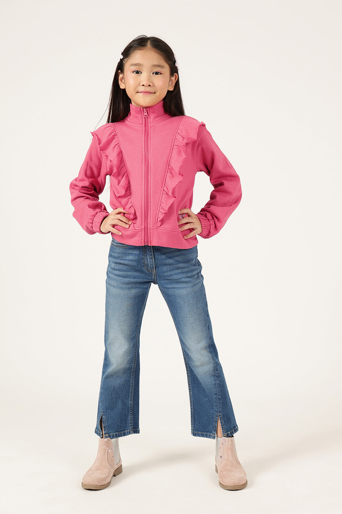Girls Pink Zip Turtle Neck Sweatshirt