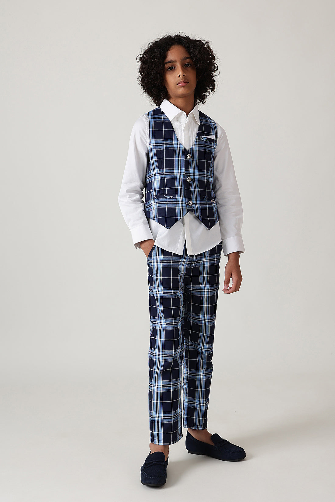 Boys Blue Slim Fit Sleeveless Checked Waistcoat by One Friday