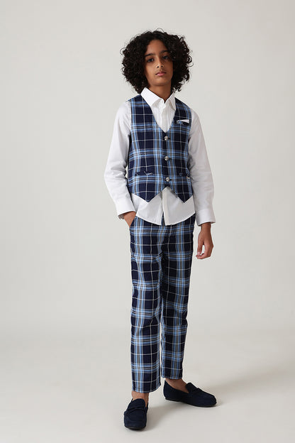 Boys Blue Slim Fit Sleeveless Checked Waistcoat by One Friday