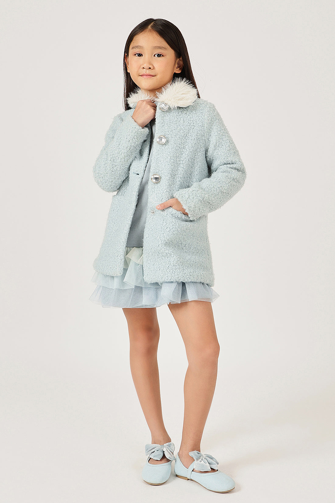 Girls Aqua Fur Buttoned Shirt Collar Overcoat