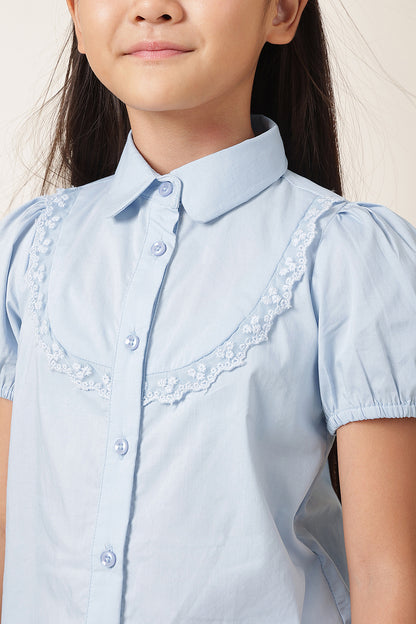 Girls Blue Solid Polyester Summer Top – Button Front