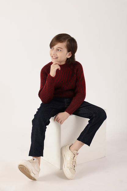 Boys Burgundy Sweater – Classic Round Neck Winter Knit | One Friday
