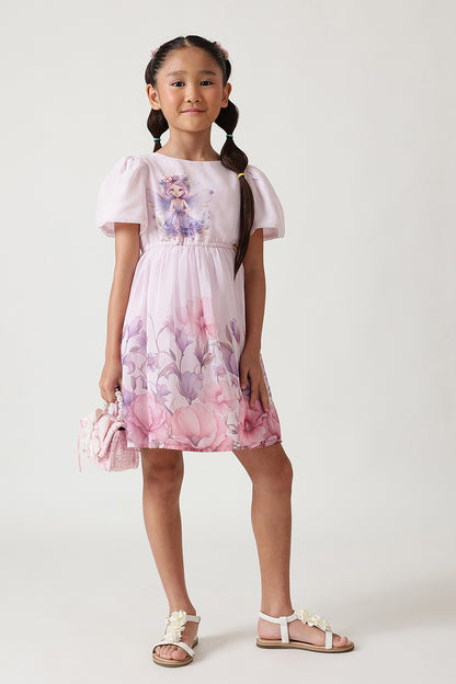 Girls Lilac Fitted & Flared Bell Sleeve Fairy Print Dress by One Friday